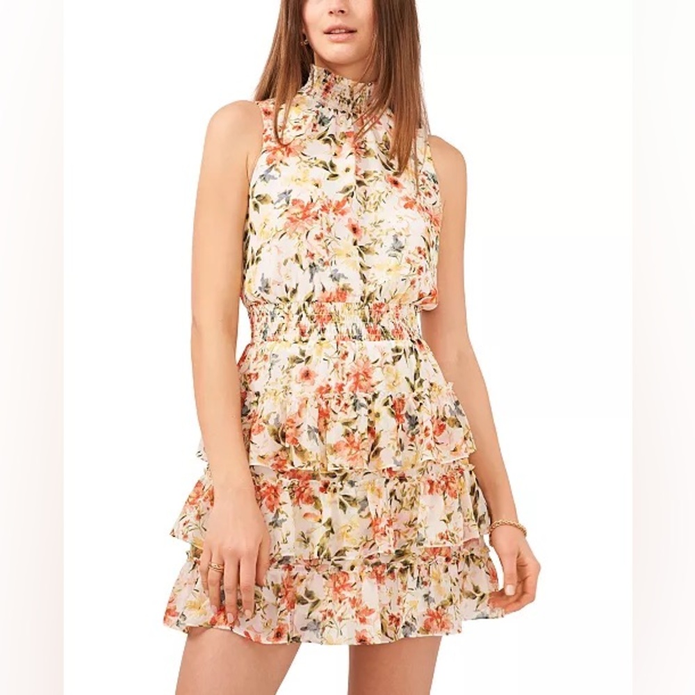 1. State Women’s Medium Floral‎ Cream and Pink Sleeveless Ruffle Mini Dress